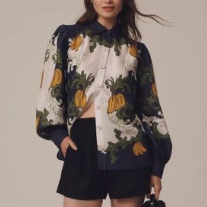 NWT FARM RIO X ANTHROPOLOGIE WOMENS LINEN BUTTON DOWN PUFF SLEEVE BLOUSE LARGE